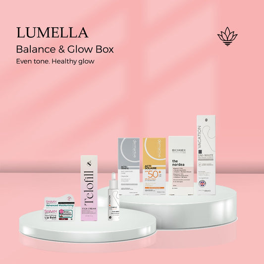 Balance & Glow Box For Normal Skin - Uni-White Cleanser, Vitamin C 15% Serum, Niacinamide Serum, SPF 50 Cream, Cica Cream, Eye Cream, Lip Balm - بوكس التوازن والإشراق للبشرة العادية | Lumella
