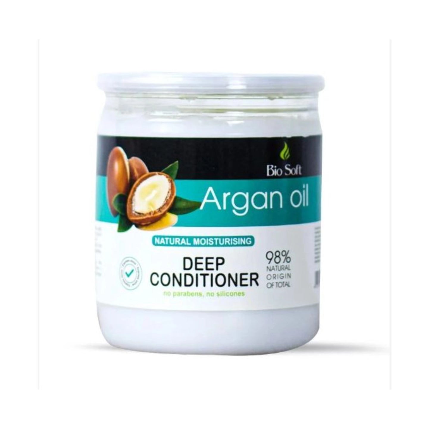 Jar of Bio Soft Argan oil deep conditioner on a white background