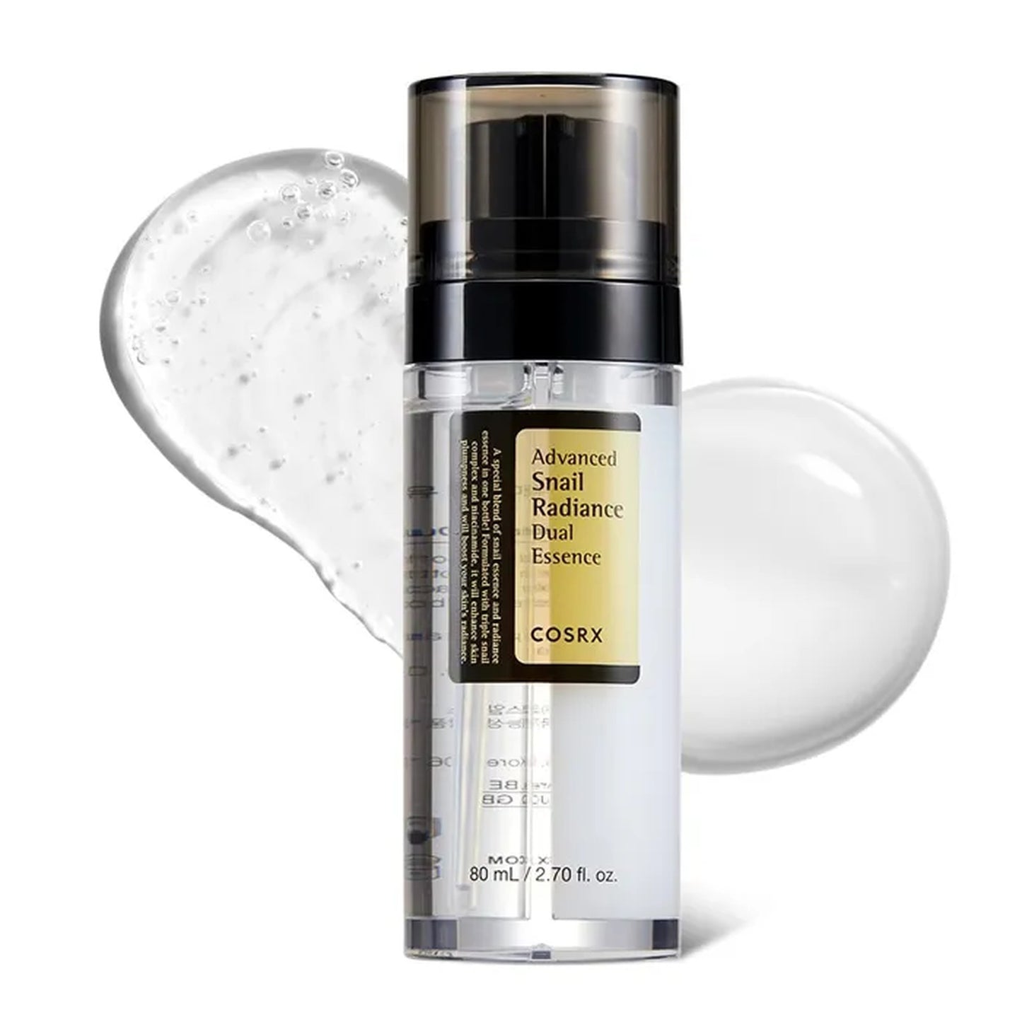 COSRX Advanced Snail Radiance Essence bottle with snail mucin sample on a white background
