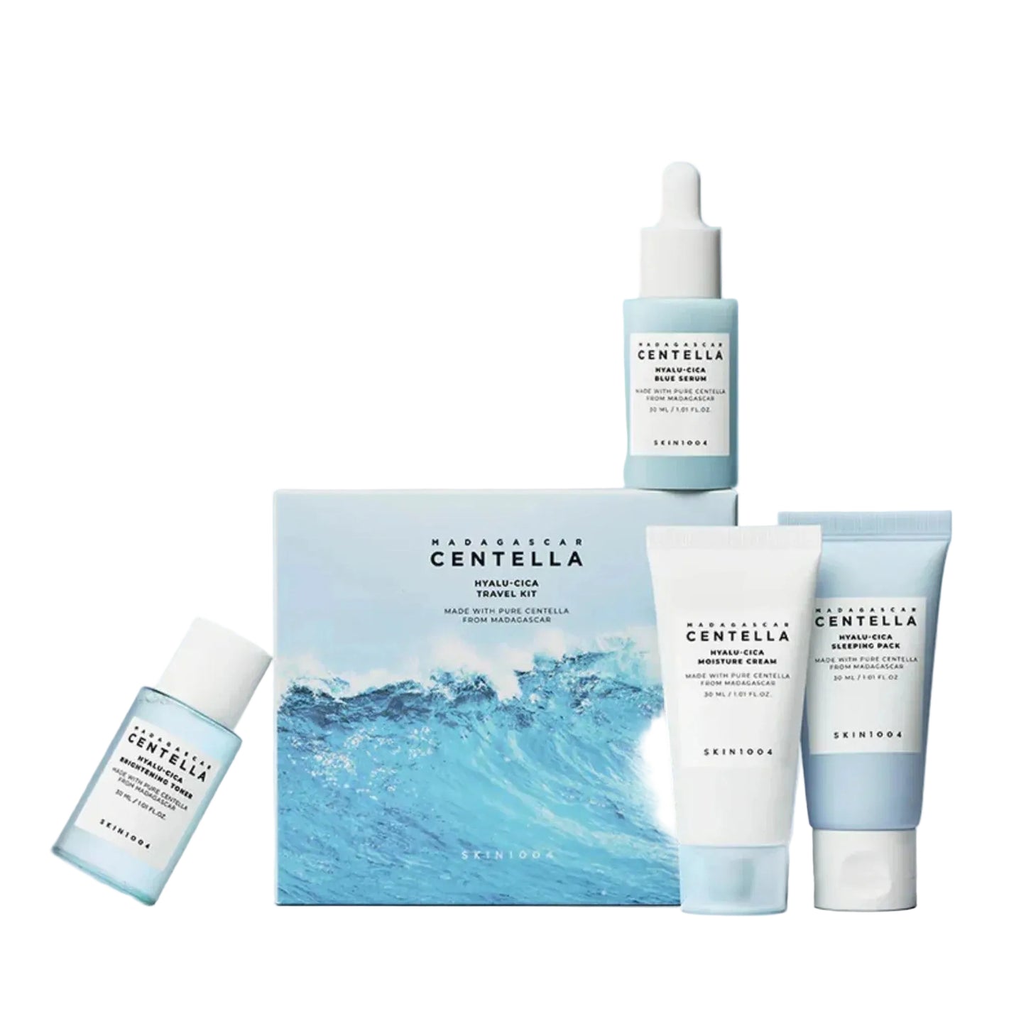 Skinture Centella Asiatica skincare product set on a light blue background