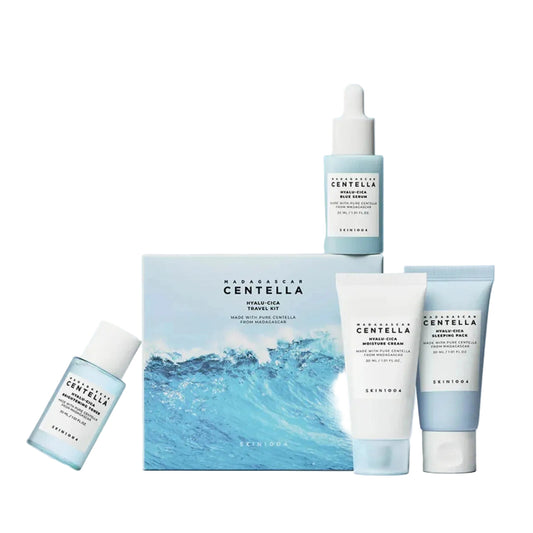 Skinture Centella Asiatica skincare product set on a light blue background