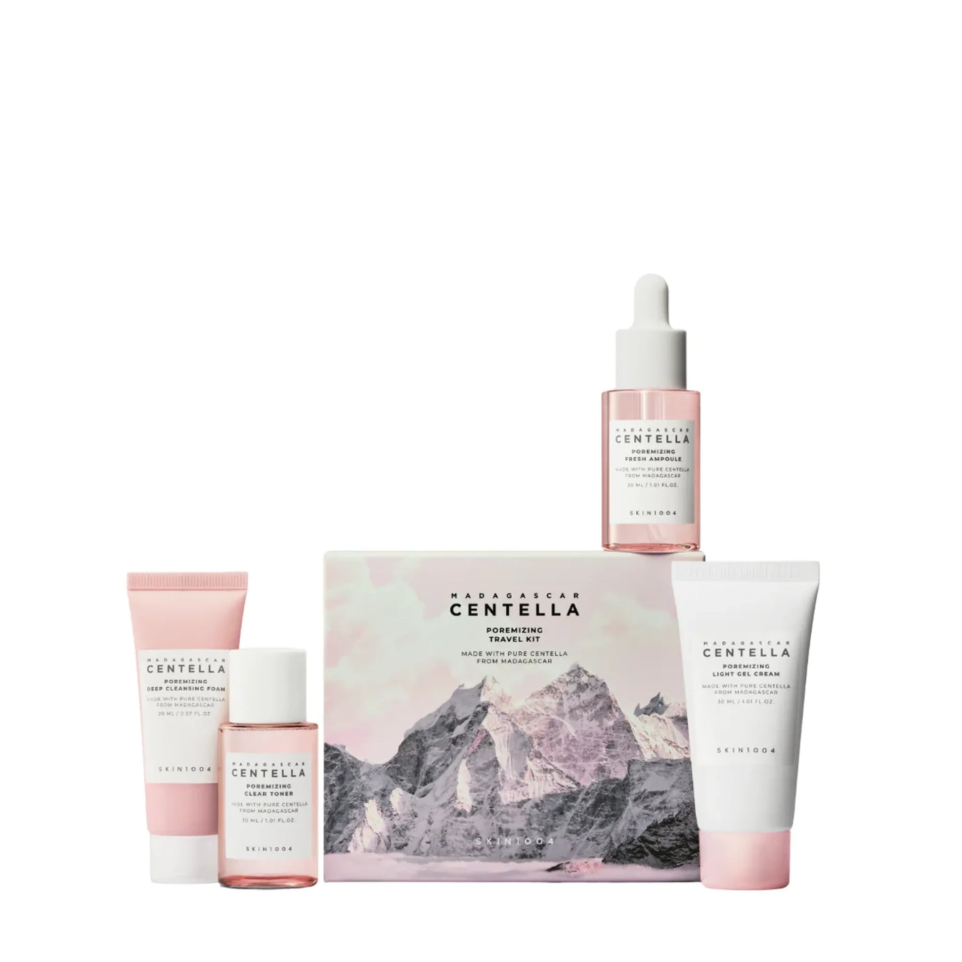 Skincare product set with Centella Asiatica branding on a white background