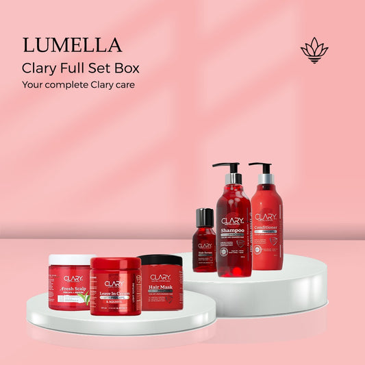 Clary Full Set Box Clary Hair Essentials Set - Shampoo, Conditioner, Mask, Fresh Scalp, Leave-In Cream, Hair Serum - بوكس كلاري الكامل لأساسيات العناية بالشعر | Lumella
