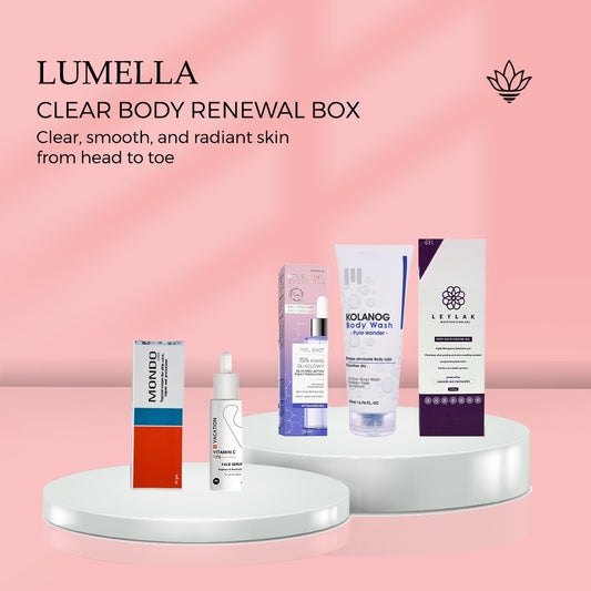 Clear Body Renewal Box For Body Acne - Kolanog Body Wash, Glycolic Acid Serum, Mondo Cream, Vitamin C Serum, Moisturizing Gel - بوكس تجديد ونقاء الجسم لحب الشباب | Lumella
