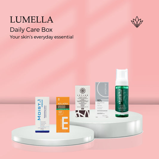 Daily Care Box For Normal Skin - Moist-1 Cleanser, Leylak Hyaluronic Serum, Moist-1 Cream, Kolagra Sunscreen, Eye Cream - بوكس العناية اليومية للبشرة العادية | Lumella
