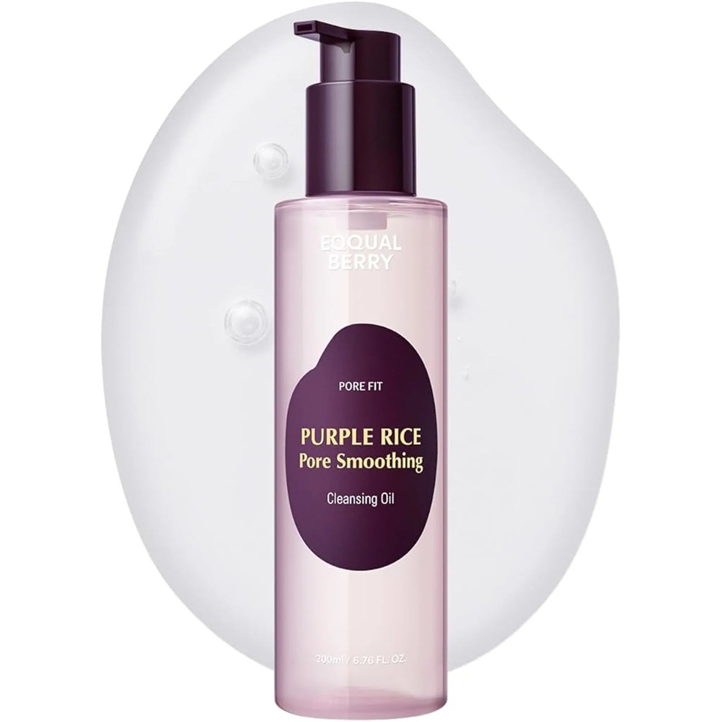 Bottle of 'Purple Rice Pore Smoothing' cleansing oil with a pump on a white background