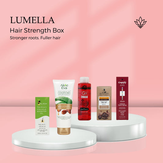 Hair Strength Box Anti Hair Loss - G-Doux Shampoo, African Booster Oil, Capixy Tonic Spray, Black Garlic Oil, Aloe Conditioner - بوكس تقوية الشعر المضاد للتساقط | Lumella
