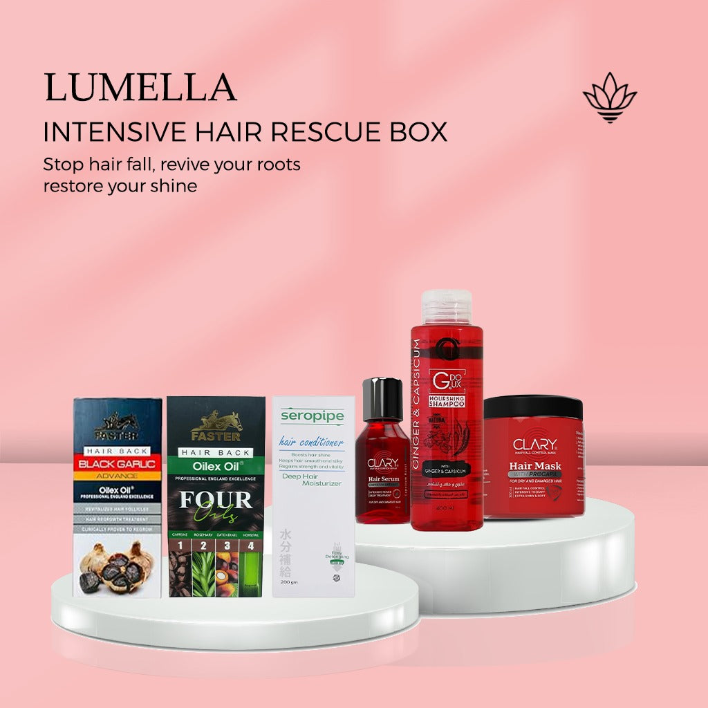 Intensive Hair Rescue Box Anti Hair Loss Weak Follicles Dry Frizzy Hair - G-Doux Shampoo, Clary Mask, Seropipe Conditioner, Black Garlic Oil, Four Oil, Hair Serum - بوكس الإنقاذ المكثف للشعر المتساقط والجاف | Lumella
