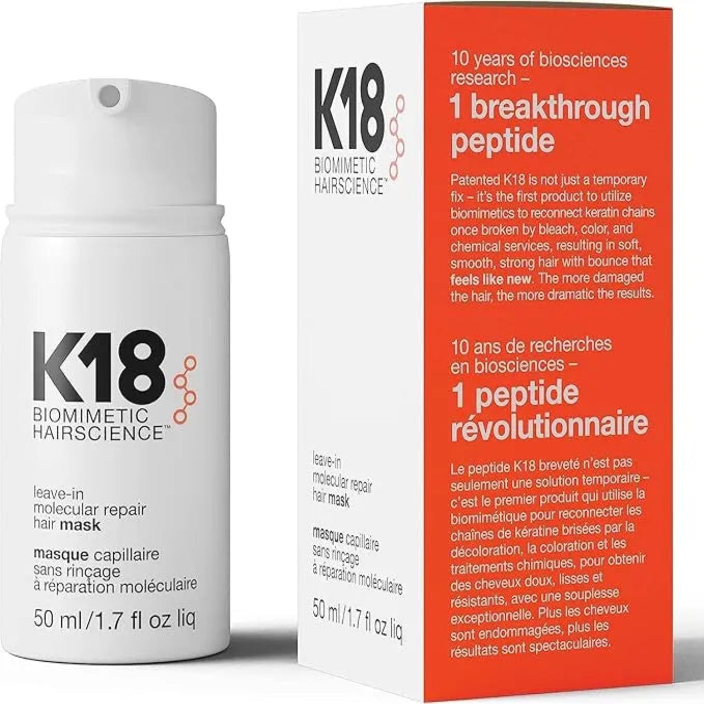 K18 biomimetic hair science leave-in molecular repair hair mask with packaging