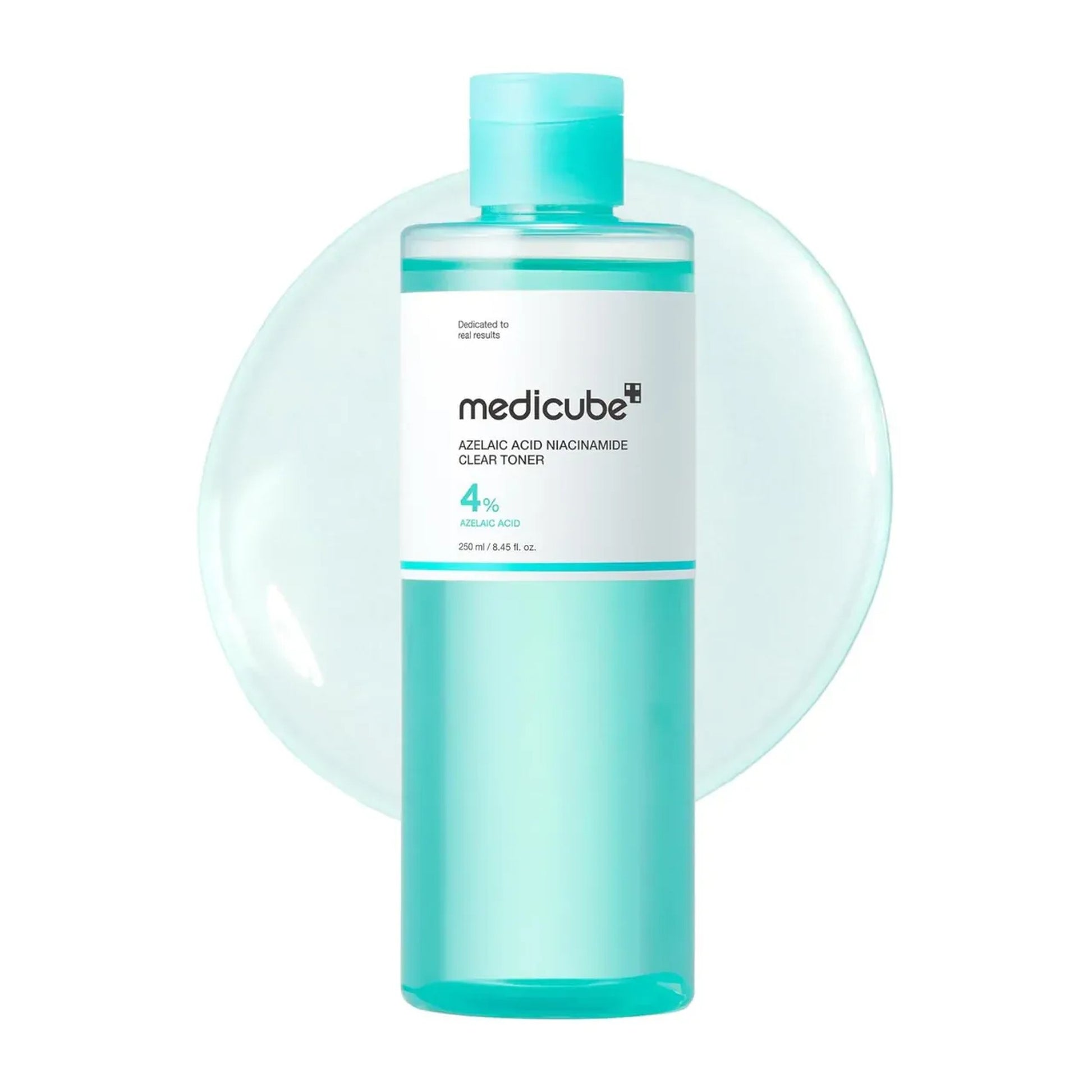 Medicube toner bottle with blue and white design on a white background