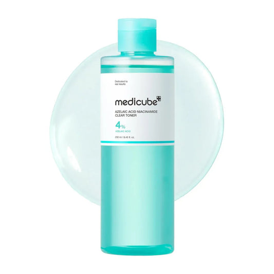 Medicube toner bottle with blue and white design on a white background