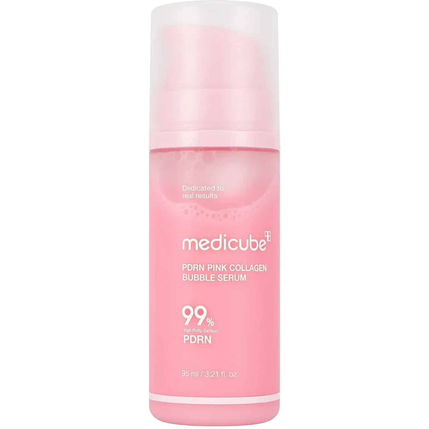 Pink skincare serum bottle with white cap on a white background