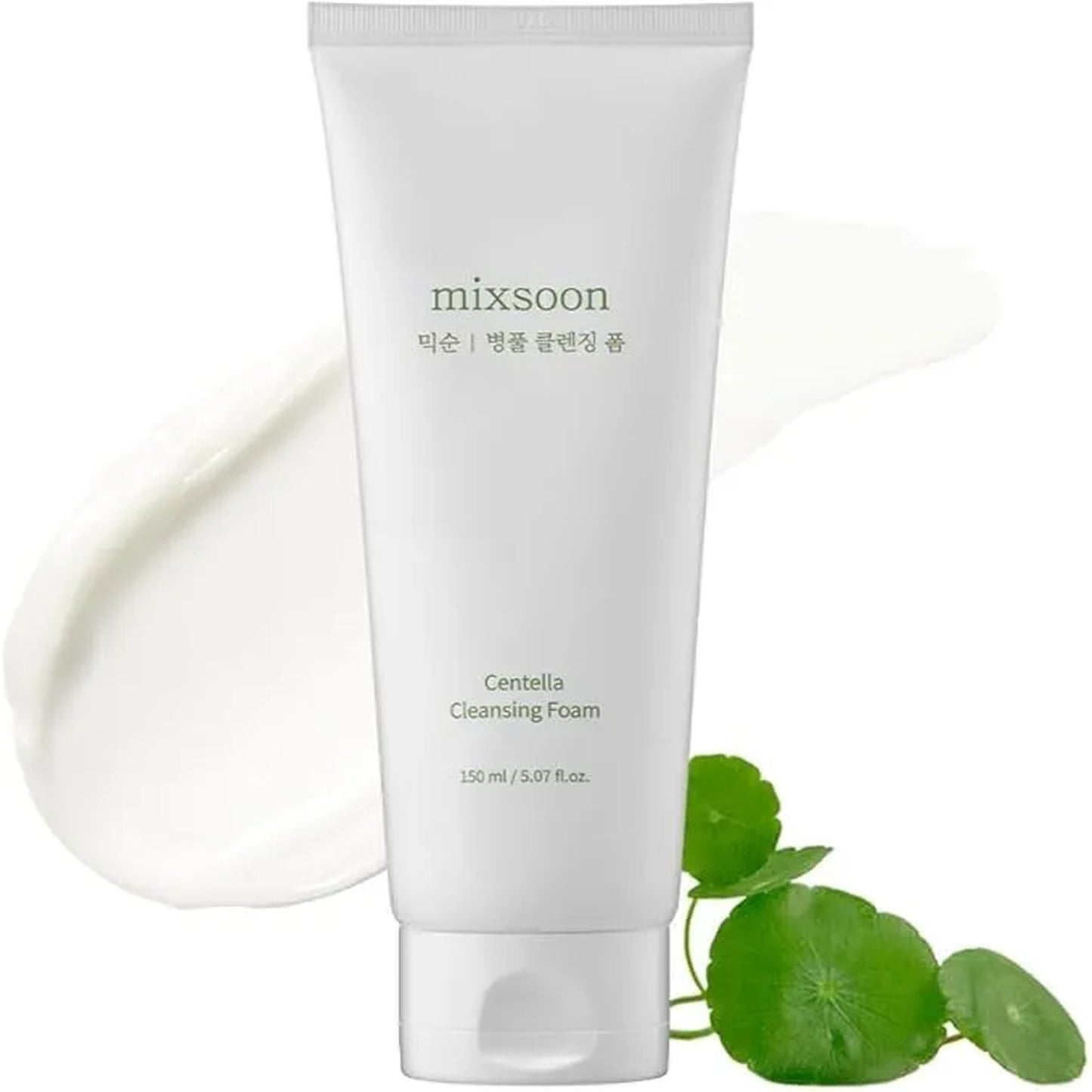 Tube of mixsoon Centella Cleansing Foam with a green leaf on a white background