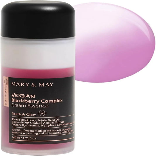 Jar of Mary & May Vegan Blackberry Complex Cream Essence with a pink sphere on a white background
