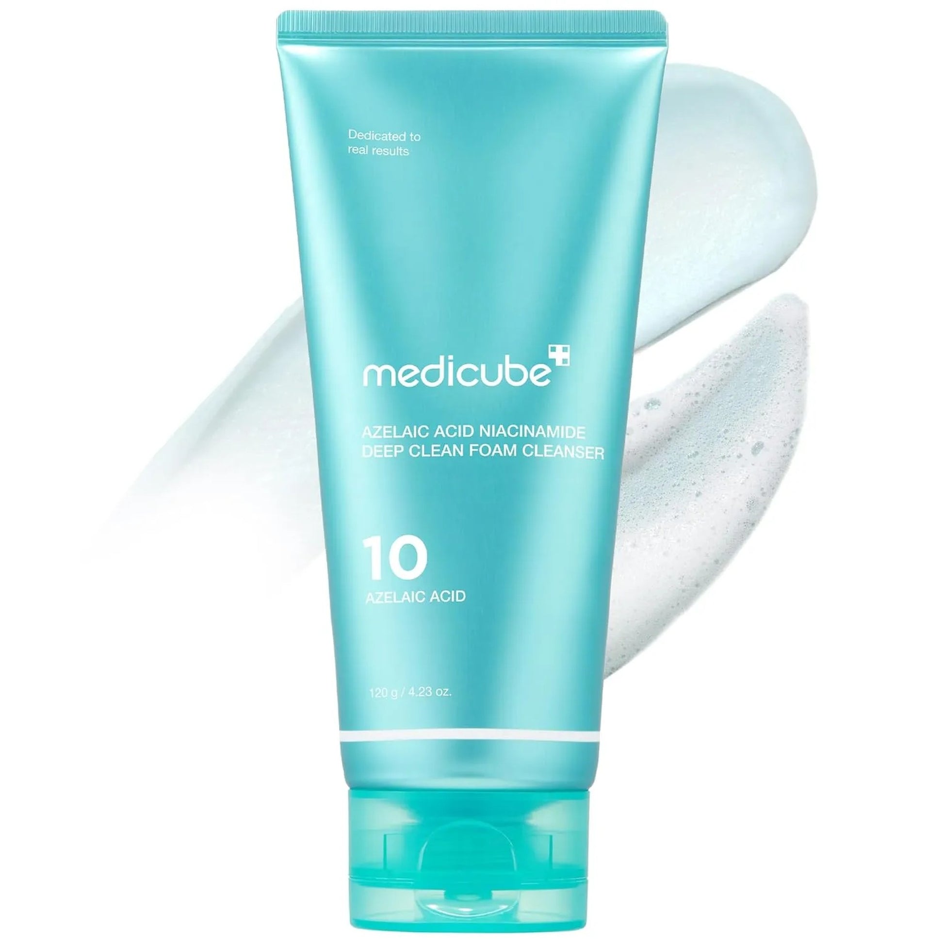 Blue tube of Medicube cleanser with white text on a white background