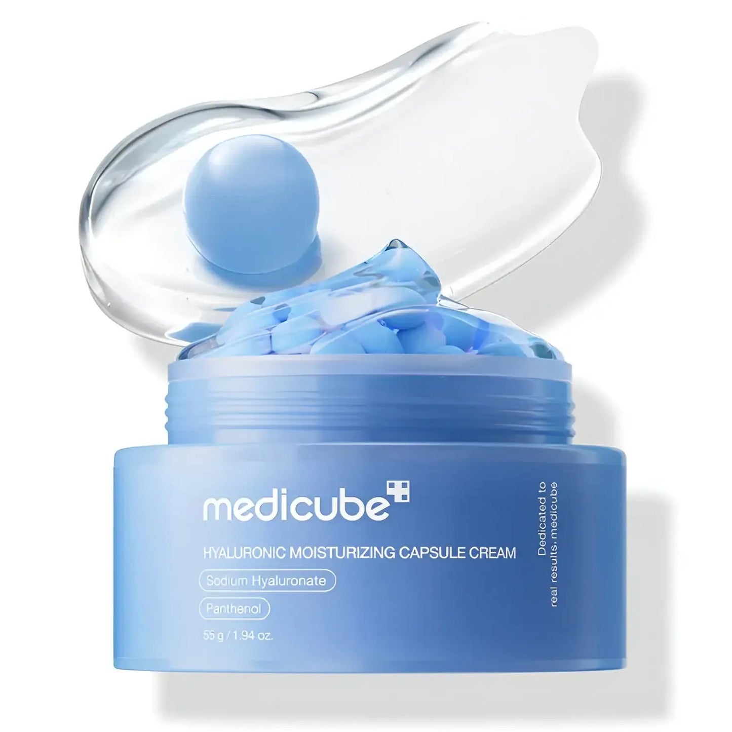 Blue skincare cream jar with 'medicube' branding on a white background