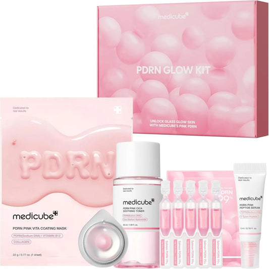 Medicube PDRN Glow Kit with pink packaging and skincare products on a white background