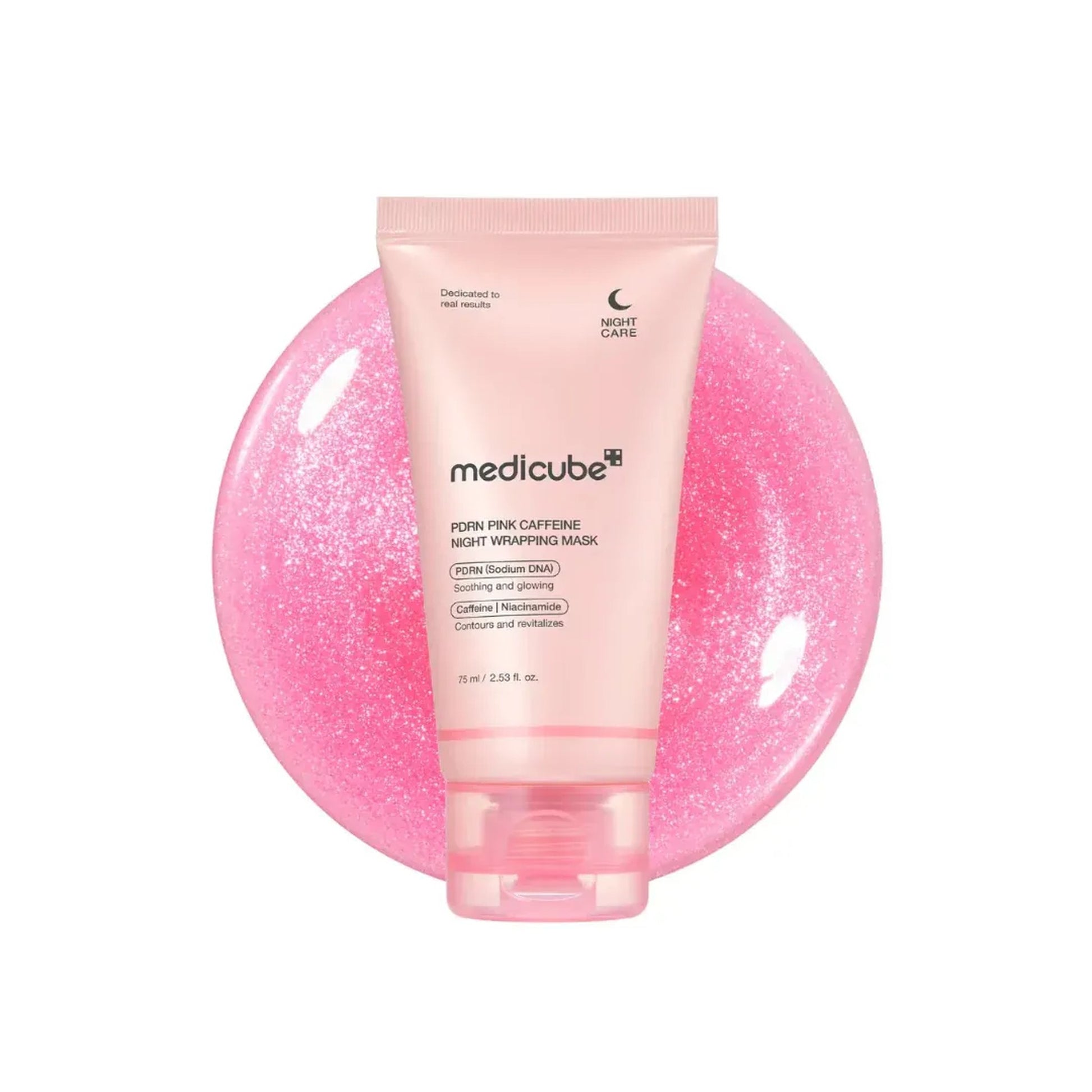Pink tube of Medicube product on a pink glittery background