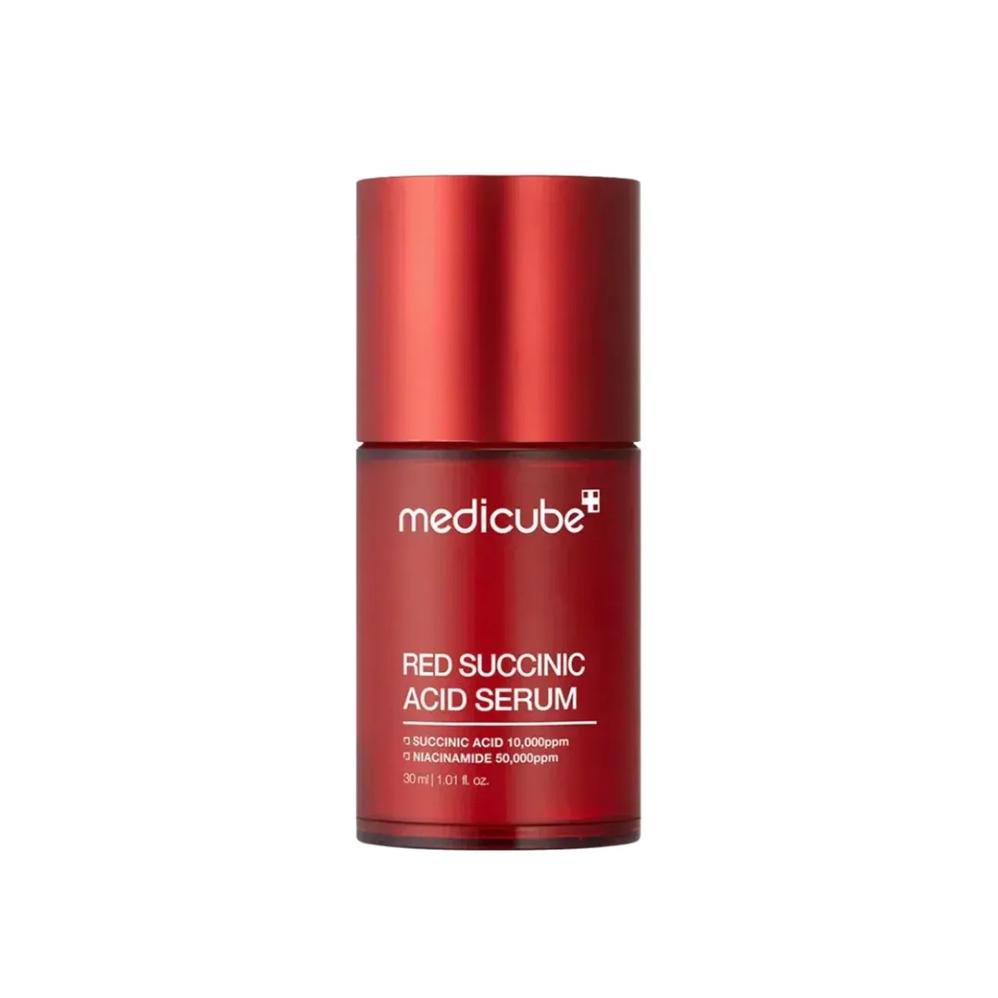 Red succinic acid serum bottle with Medicube branding on a white background