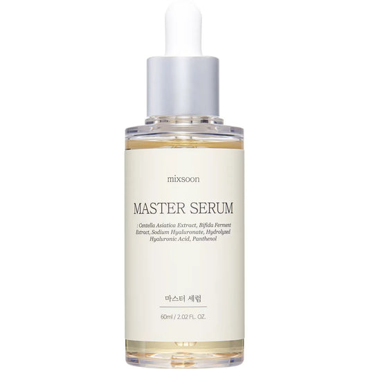 Skincare serum bottle labeled 'Master Serum' by mixsoon on a white background