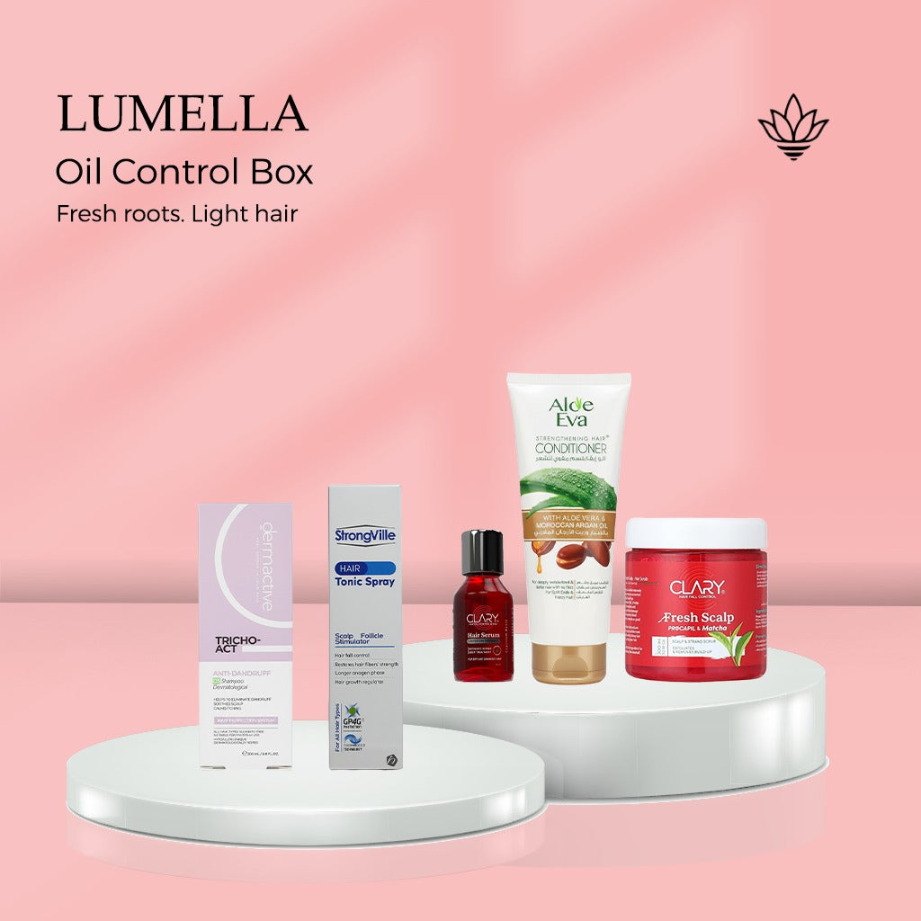 Oil Control Box For Oily Hair - Clary Fresh Scalp, Tricho-Act Shampoo, Strongville Tonic Spray, Hair Serum, Aloe Conditioner - بوكس التحكم بالزيوت للشعر الدهني | Lumella
