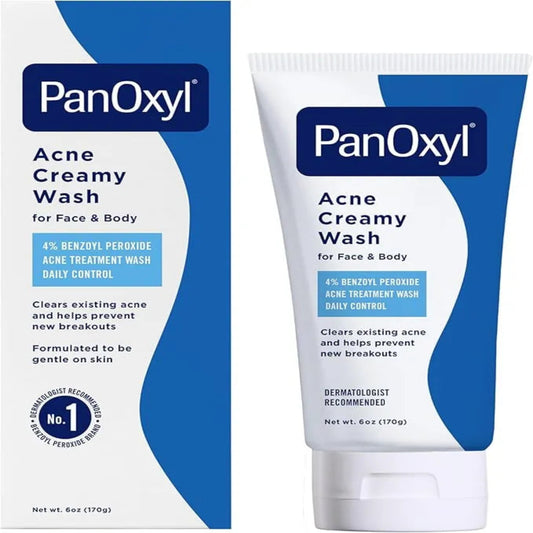 PanOxyl Acne Creamy Wash packaging and tube on a white background