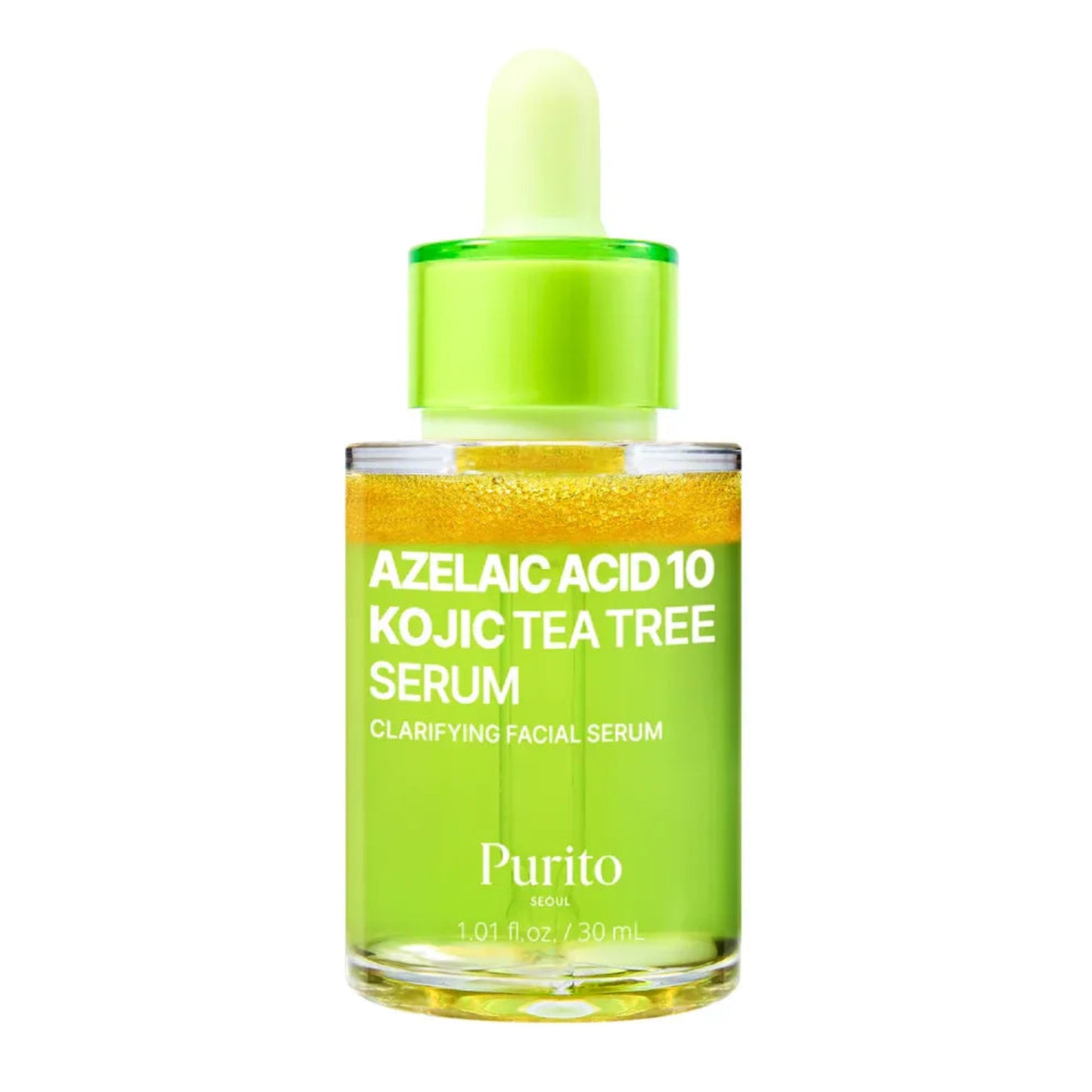 Purito Azelaic Acid 10 Kojic Tea Tree Serum bottle with dropper on a white background