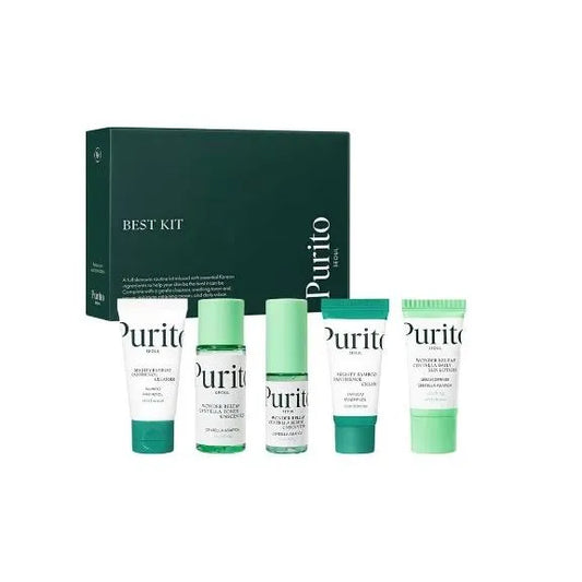 Purito skincare product set including bottles and a box on a white background