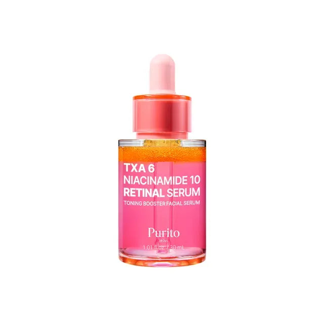 Purito TXA 6 Niacinamide 10 Retinal Serum bottle with pink cap on a white background