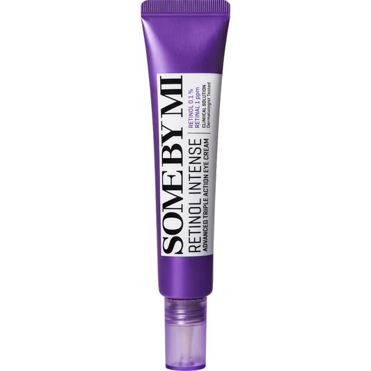 Purple eye cream tube labeled 'Some by Mi' on a white background