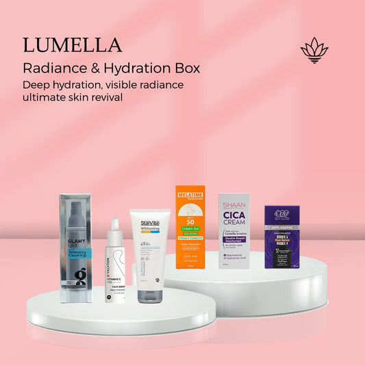Radiance & Hydration Box For Dry & Dull Skin - Starville Cleanser, Glamy Whitening Cream, Cica Moisturizer, Vitamin C Serum, Niacinamide Serum, SPF 50 - بوكس الإشراق والترطيب للبشرة الجافة والباهتة | Lumella
