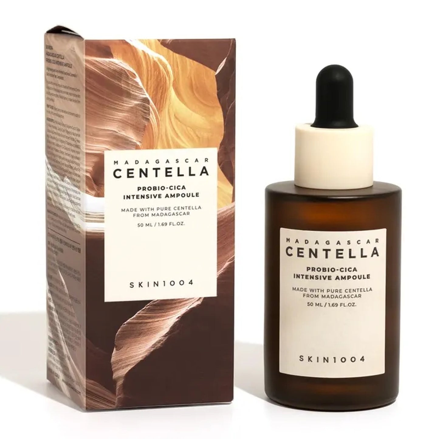 Madagascan Centella skincare product with packaging on a white background
