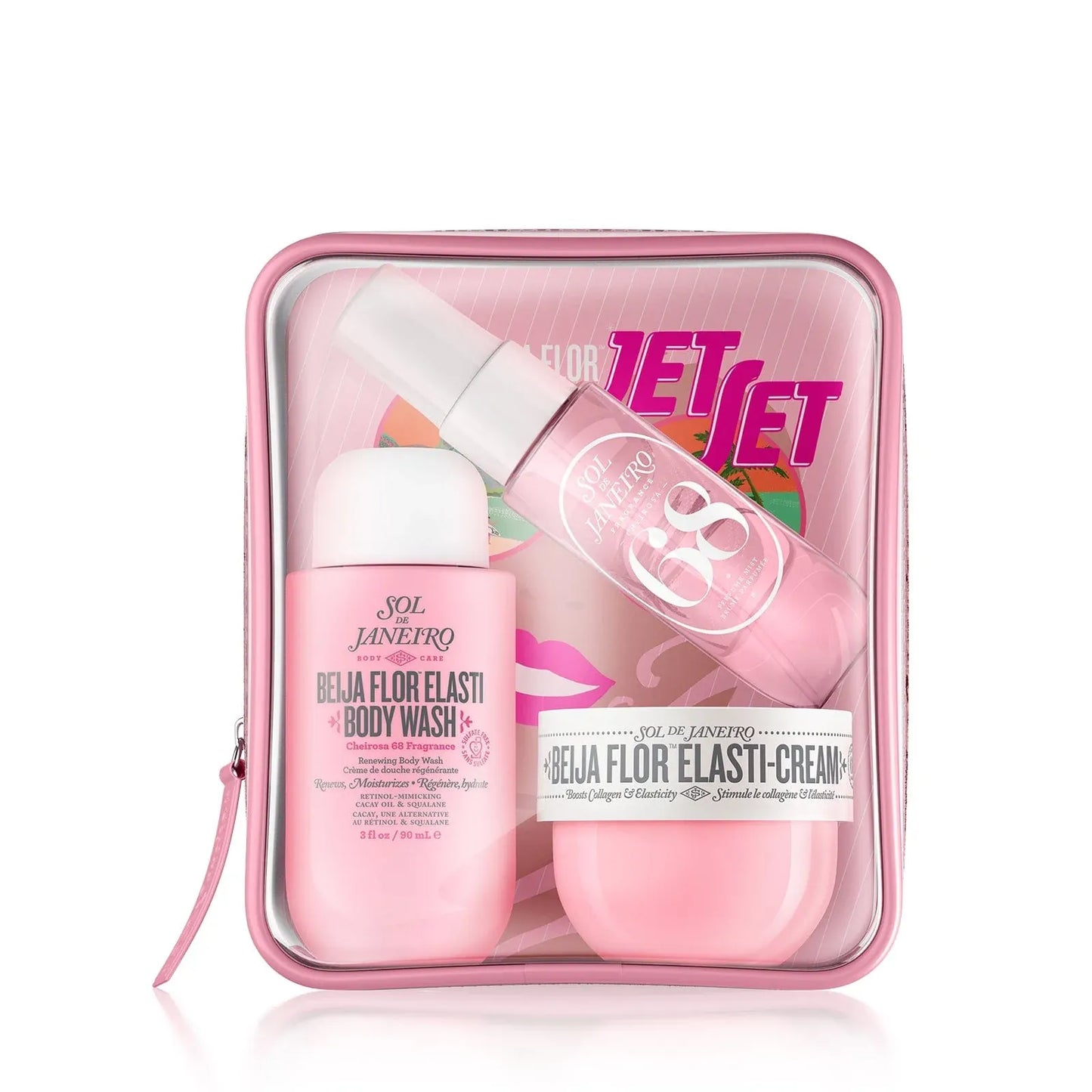Pink travel set with body wash, cream, and other products in a clear case on a white background