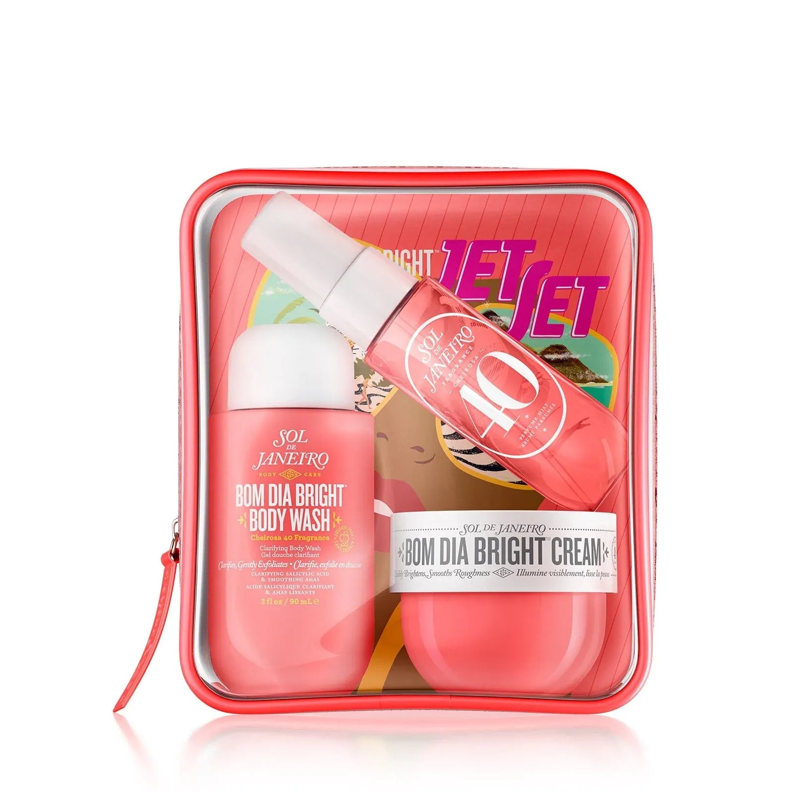 Set of Sol de Janeiro skincare products in a red case on a white background