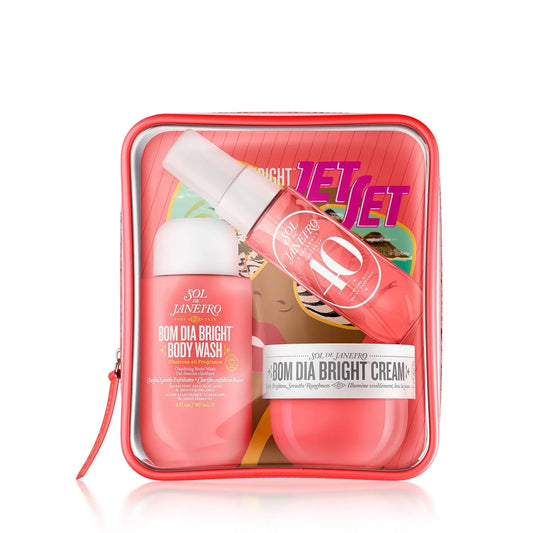 Set of Sol de Janeiro skincare products in a red case on a white background