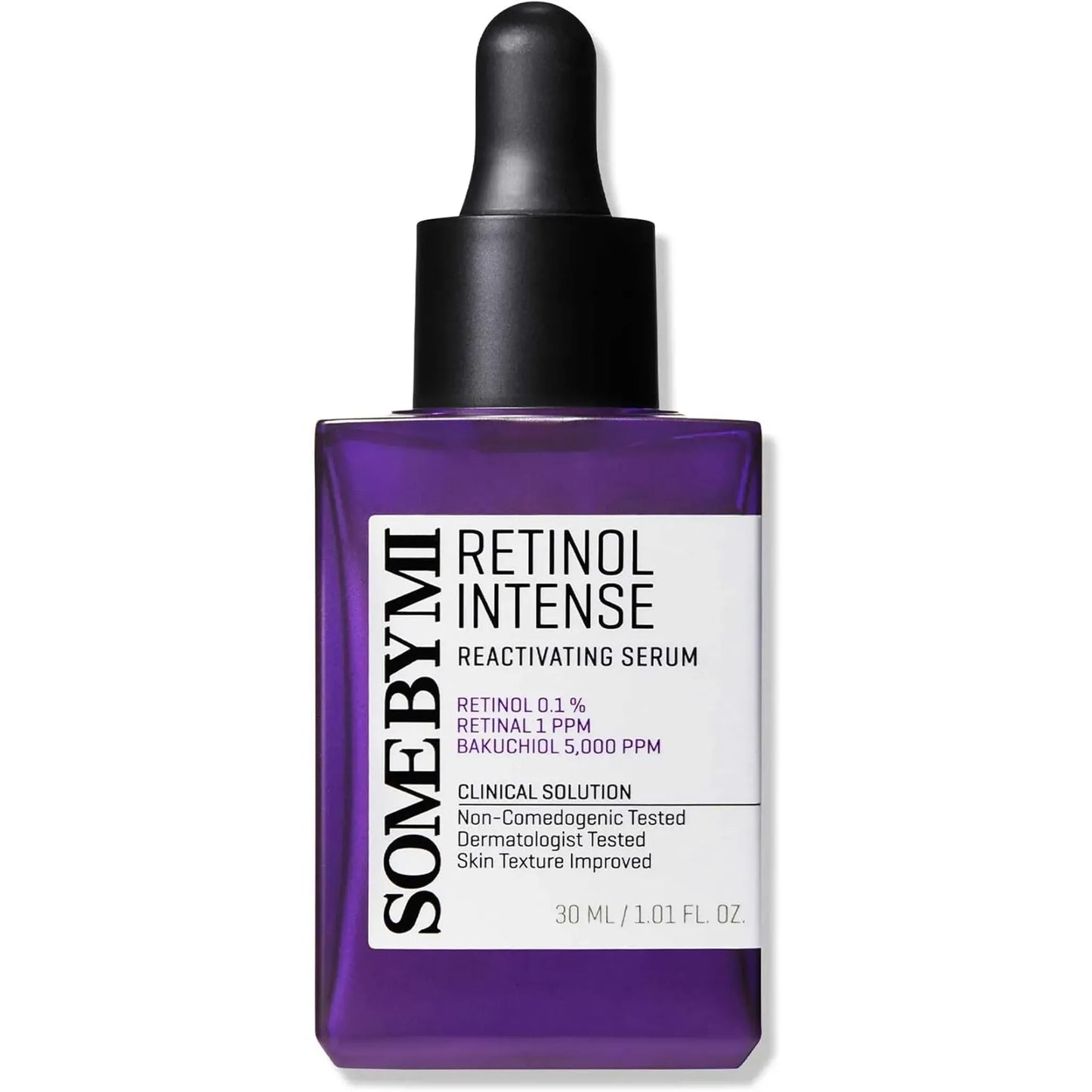 Purple serum bottle with dropper labeled 'Some by Mi Retinol Intense Reactivating Serum' on a white background