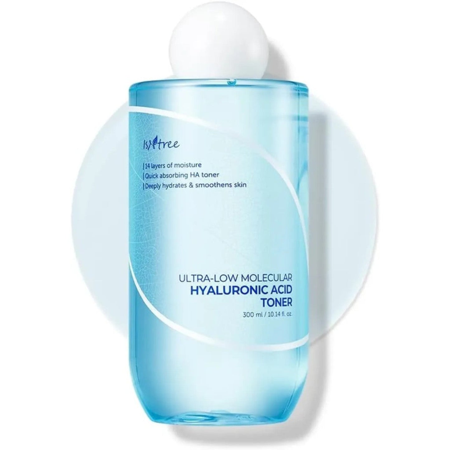 Blue toner bottle with white cap on a white background