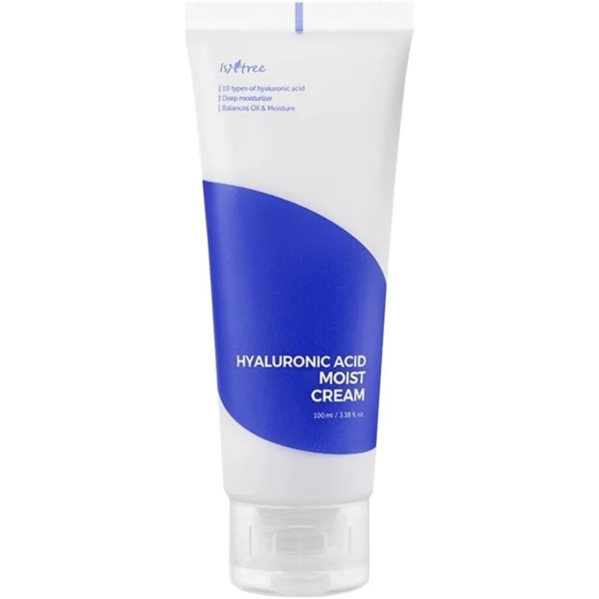 Tube of hyaluronic acid moist cream with blue and white design on a white background