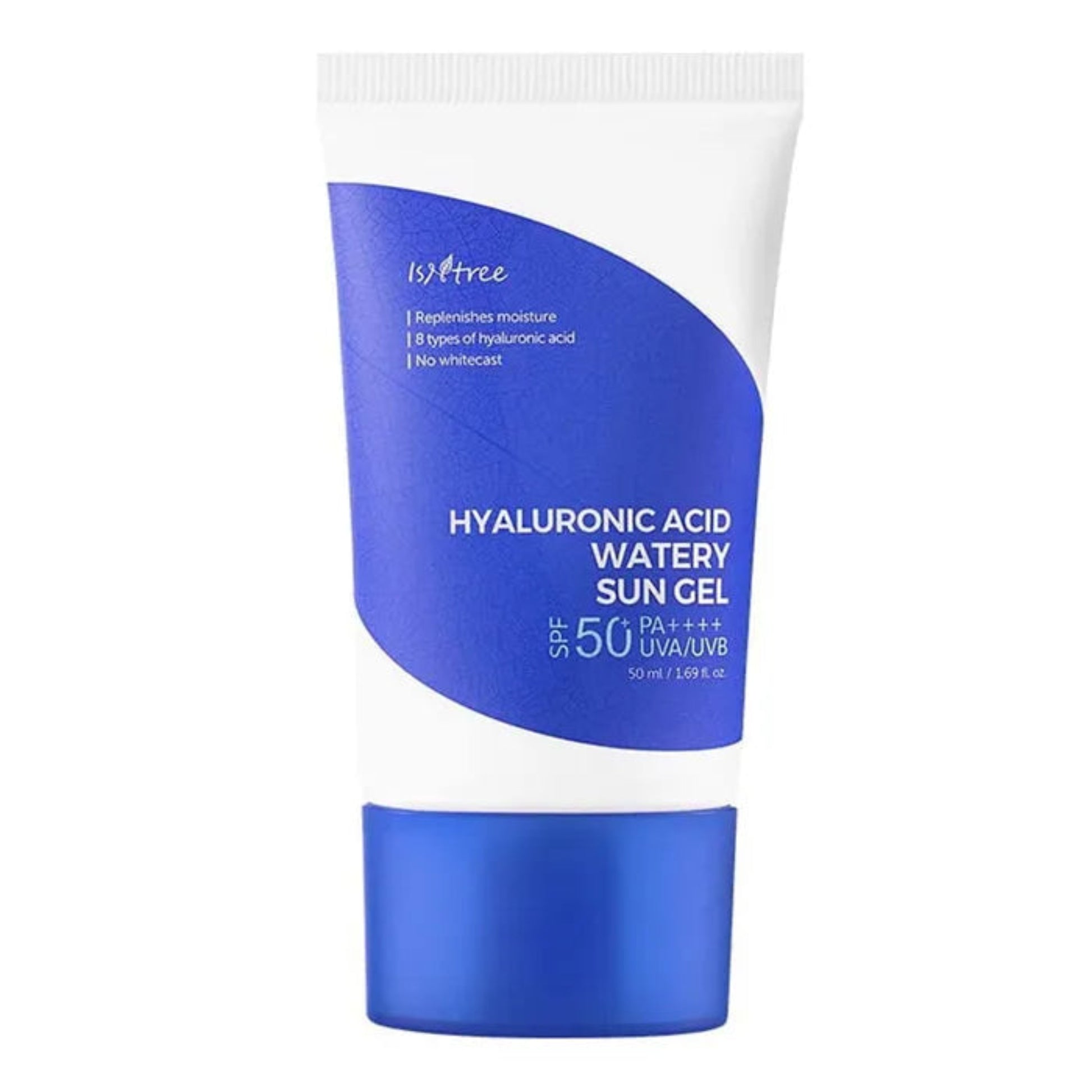 Blue and white sun gel container with text on a white background