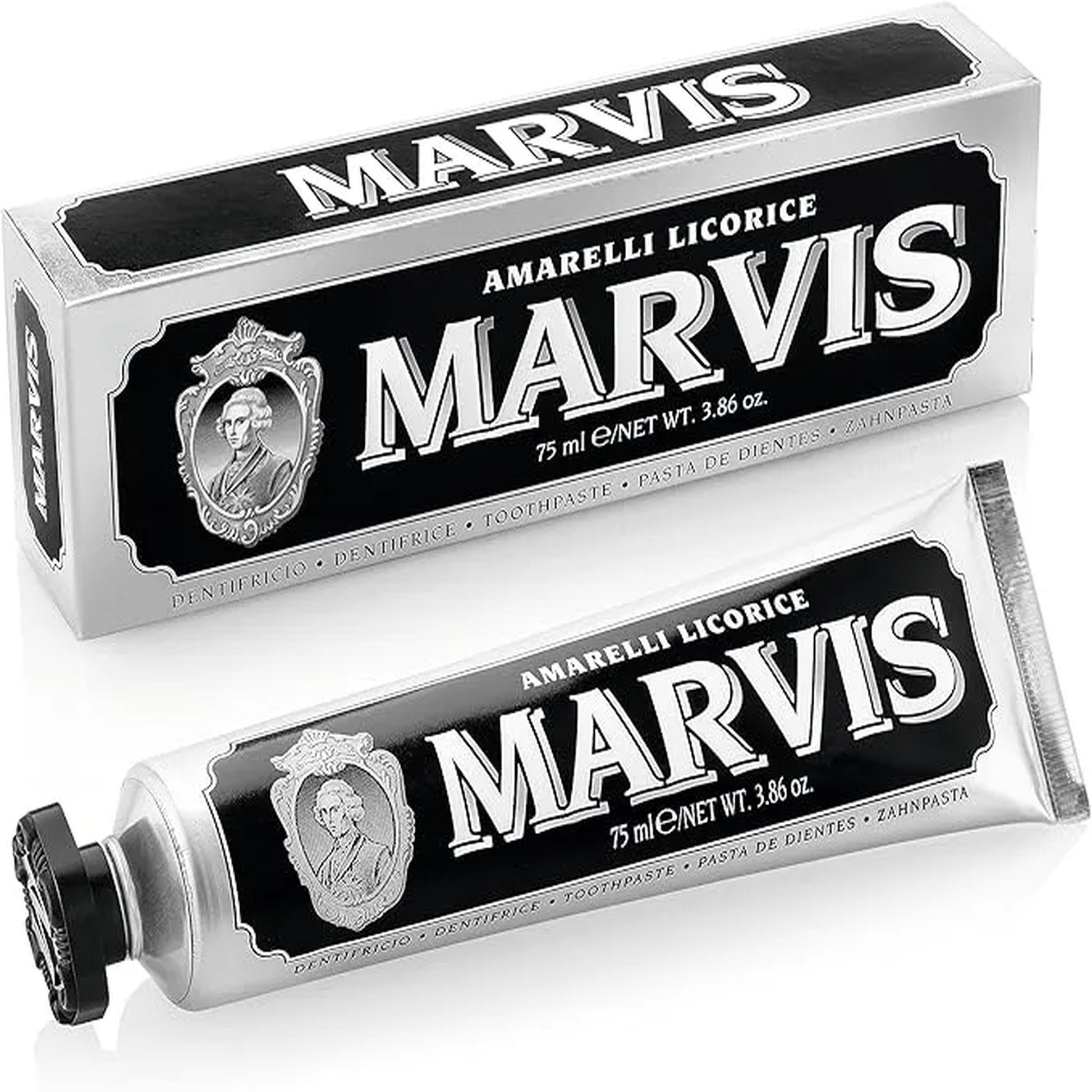 Marvis Amarelli Licorice toothpaste tube and packaging on a white background