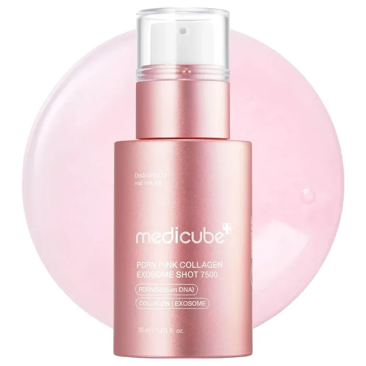 Pink skincare product bottle with 'medicube' branding on a white background
