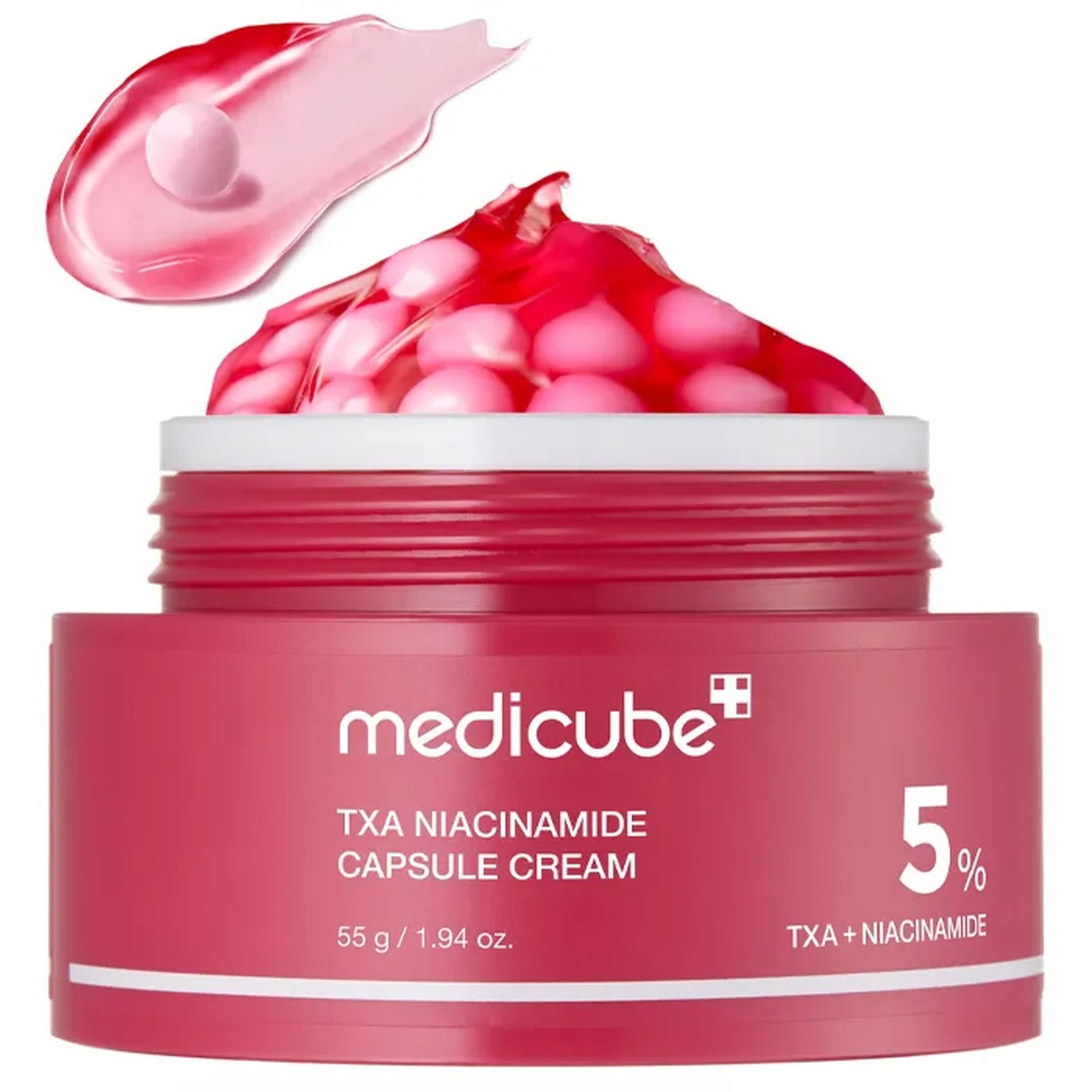Red jar of Medicube TXA Niacinamide Capsule Cream with pink cream visible