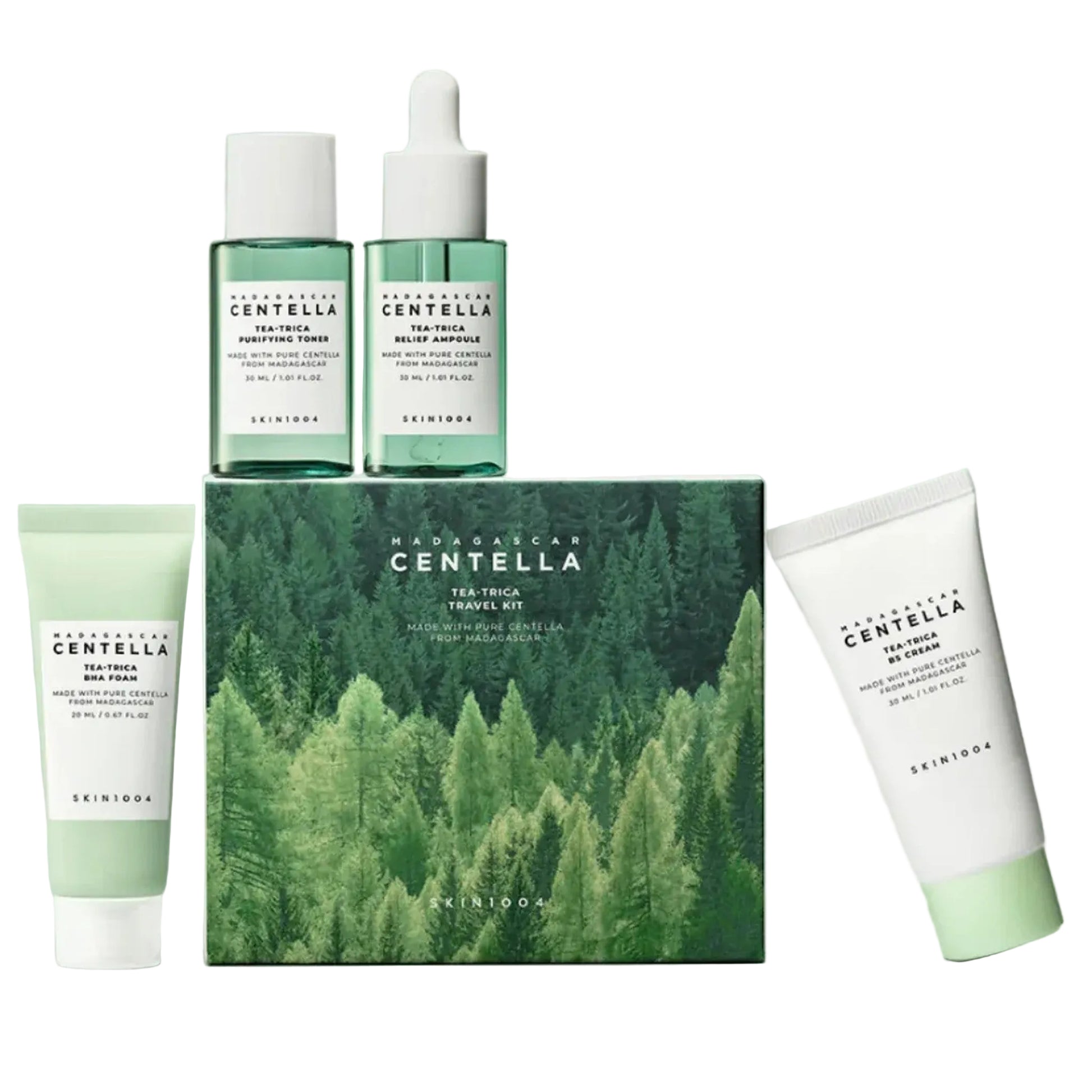 Skincare products with Madagascan Centella branding on a light green background