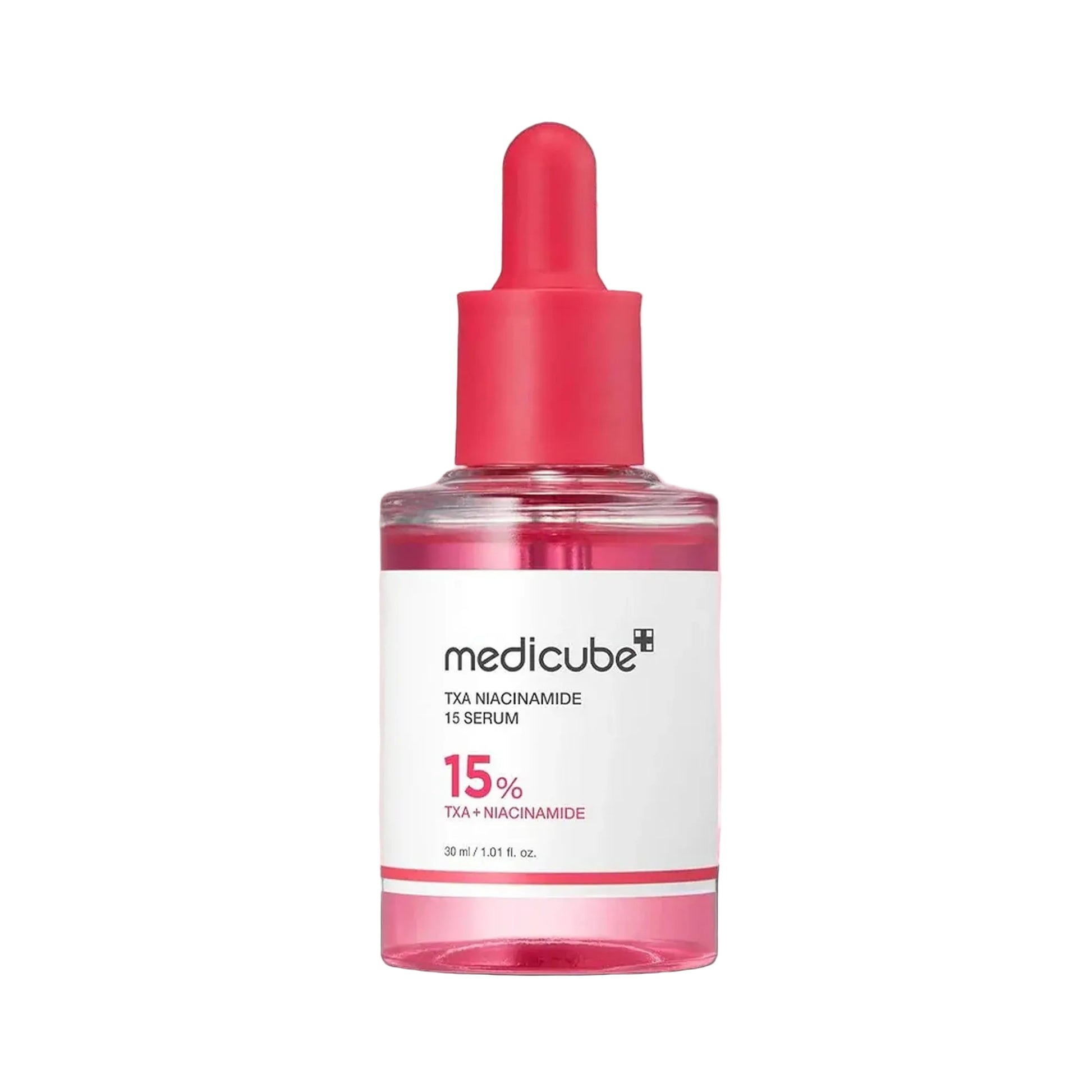 Medicube TNA Niacinamide 15 Serum bottle with pink cap on a black background
