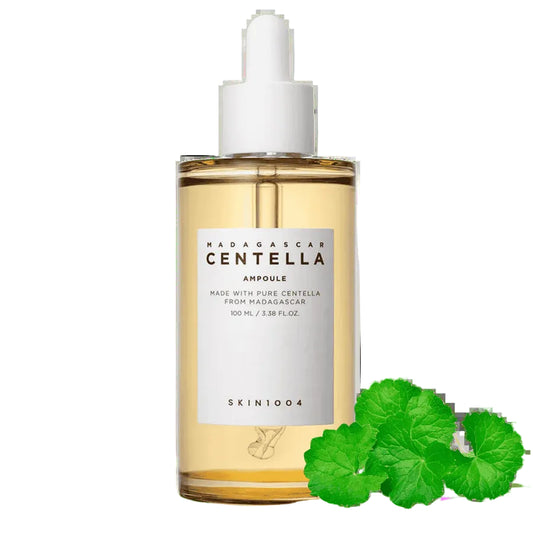 SKIN1004 Madagascan Centella Ampoule bottle with leaves on a white background